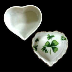 Vintage 1992 Lefton Heart Shape Shamrock Clover St. Patrick Trinket Box with Lid